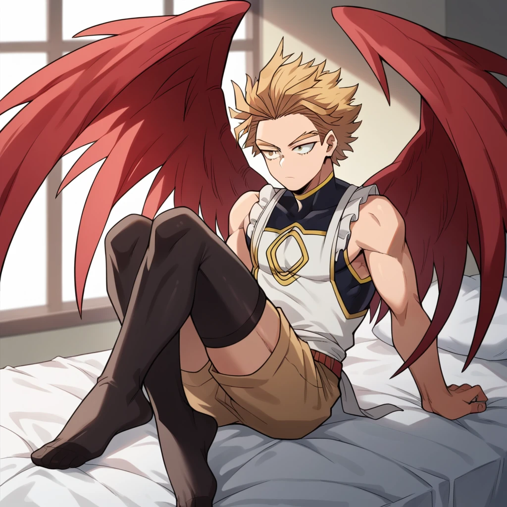 only, boy blonde hair slicked back, with some front locks, gold eyes, red wings on his back, delicate, With curves, clothing dark sleeveless shirt, white kitchen apron, shorts crema, long dark thigh high stockings, sitting on a bed, Boku no hero academia, Hawks 