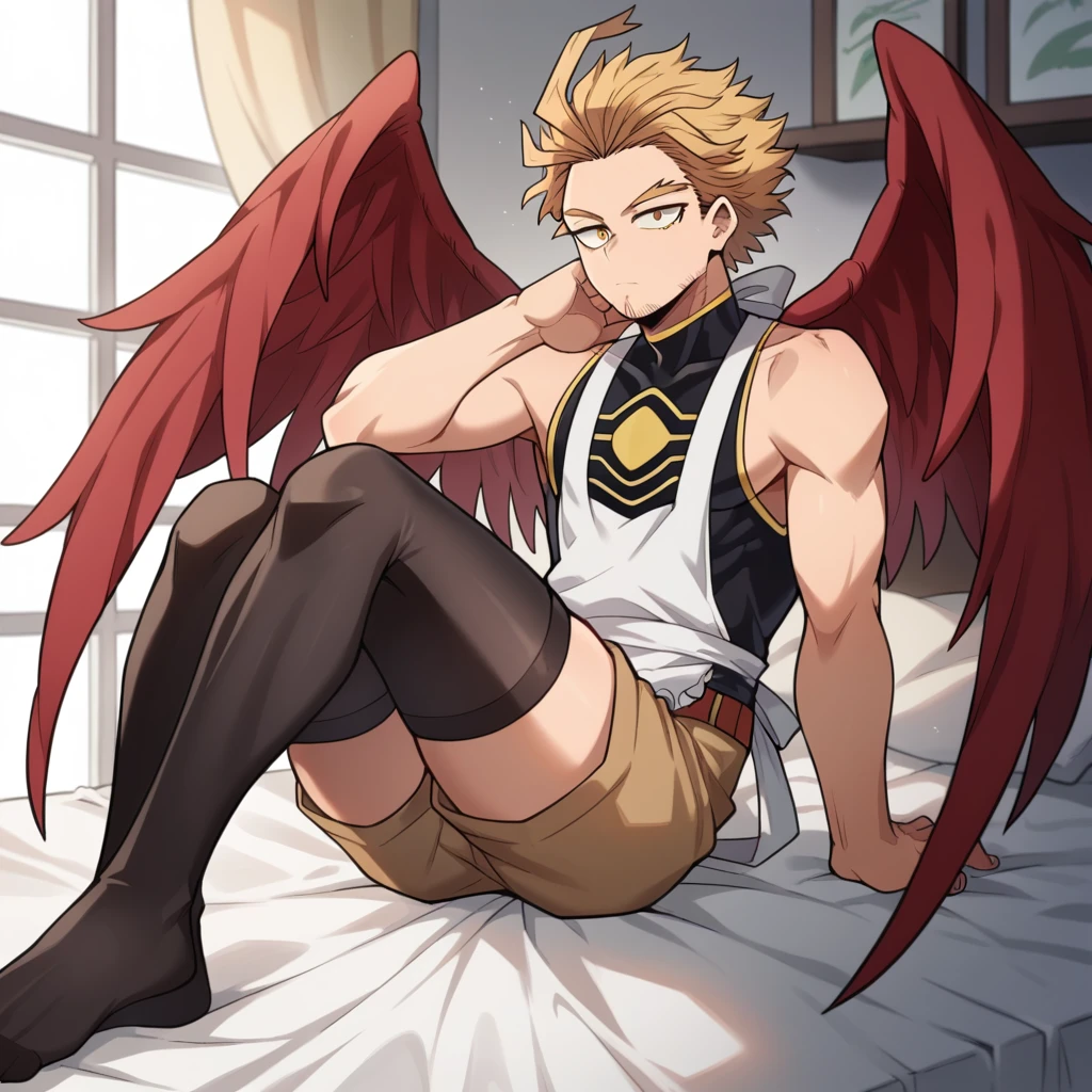 only, boy blonde hair slicked back, with some front locks, gold eyes, red wings on his back, delicate, With curves, clothing dark sleeveless shirt, white kitchen apron, shorts crema, long dark thigh high stockings, sitting on a bed, Boku no hero academia, Hawks 