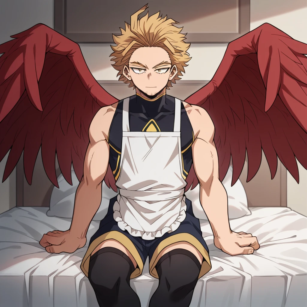 only, boy blonde hair slicked back, with some front locks, gold eyes, red wings on his back, delicate, With curves, clothing dark sleeveless shirt, white kitchen apron, shorts crema, long dark thigh high stockings, sitting on a bed, Boku no hero academia, Hawks 