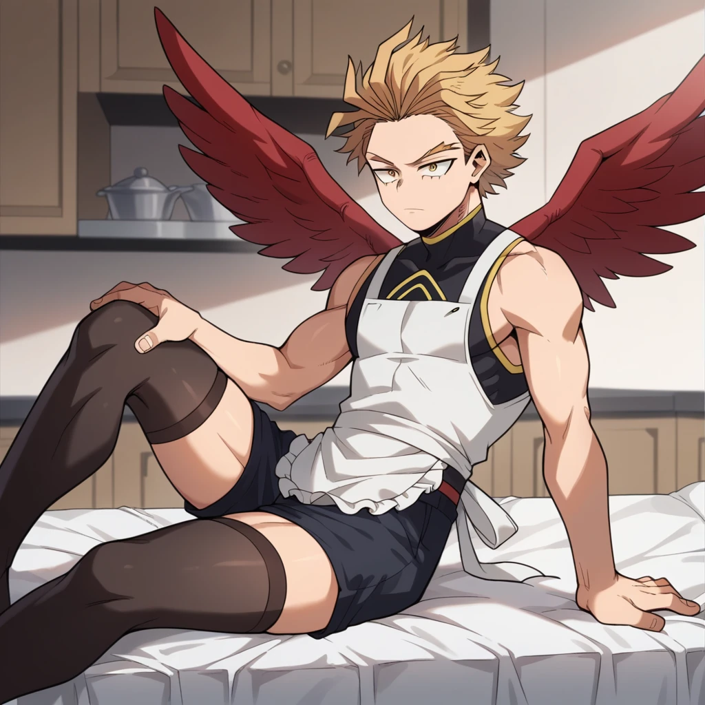 only, boy blonde hair slicked back, with some front locks, gold eyes, red wings on his back, delicate, With curves, clothing dark sleeveless shirt, white kitchen apron, shorts crema, long dark thigh high stockings, sitting on a bed, Boku no hero academia, Hawks 