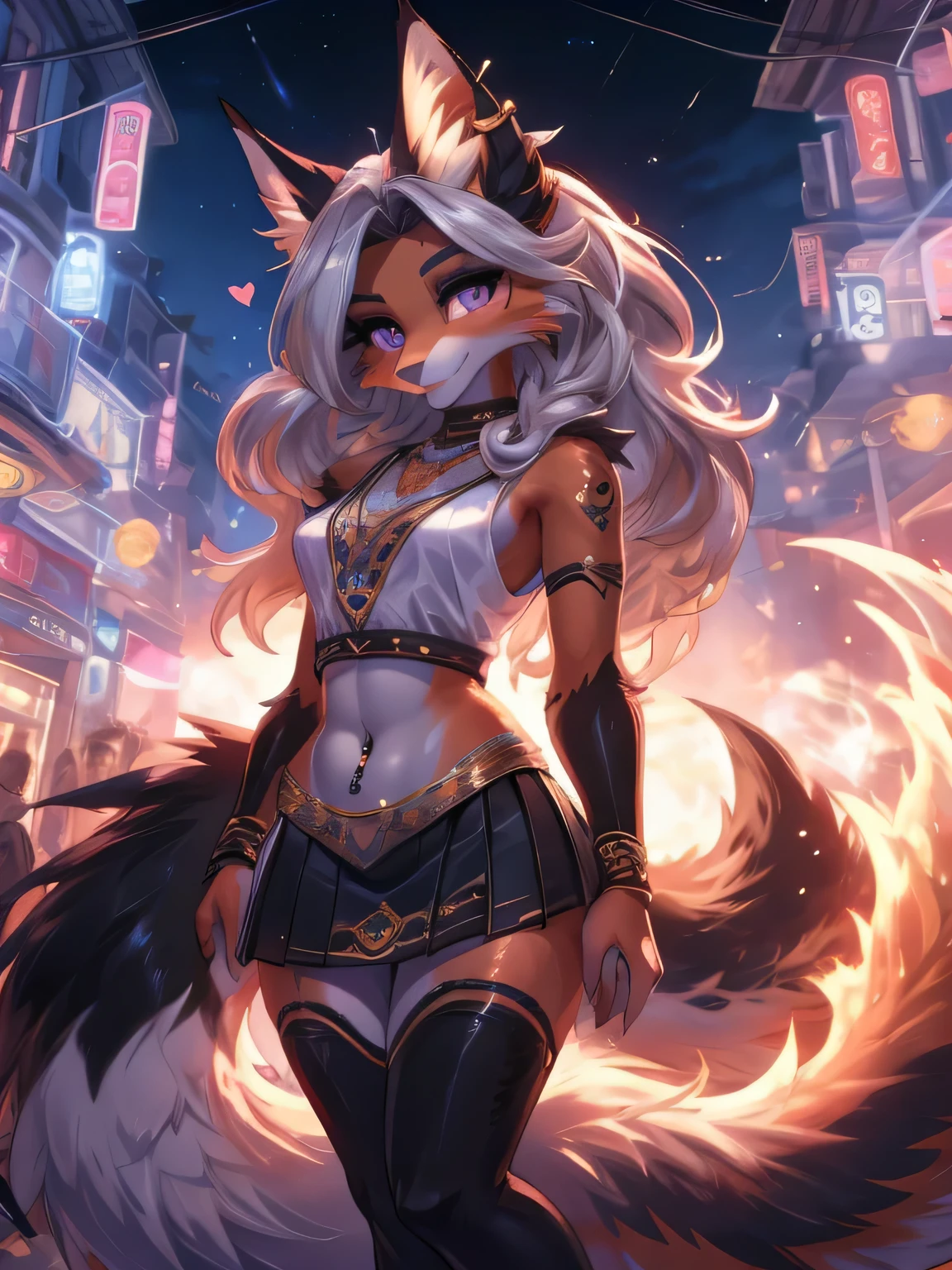Chica anime,tennage girl 18 years old, anime style, foxy girl, blue body, anthropomorphic shy girl , Orejas de Kitsune, arte de dark natasha, city landscape, arte de vixen aztra, cuerpo completo, patas hermosas, cintura delgada, caderas amplias, navel white blouse, white&pink skirt, navel piercing, ear piercing, navel tattoo, atrevid pose, back pose, fluffly tail, sensual eyes (la mejor definicion) long hair, black flash, city party, city night life, party girl, idol girl, girl with microphone singing, deep purple eyes (HD), white&pink dress, super mega star idol, aura pura, silueta de luz, silueta radiante de luz dorada, su cuerpo brilla, best lighting in photography, mermaid mini skirt, lovely girl, sending kiss, heartlove, fullbody