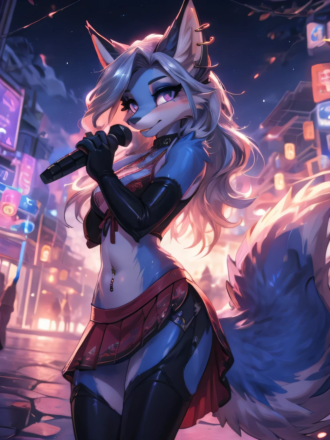 Chica anime,tennage girl 18 years old, anime style, foxy girl, blue body, anthropomorphic shy girl , Orejas de Kitsune, arte de dark natasha, city landscape, arte de vixen aztra, cuerpo completo, patas hermosas, cintura delgada, caderas amplias, navel white blouse, white&pink skirt, navel piercing, ear piercing, navel tattoo, atrevid pose, back pose, fluffly tail, sensual eyes (la mejor definicion) long hair, black flash, city party, city night life, party girl, idol girl, girl with microphone singing, deep purple eyes (HD), white&pink dress, super mega star idol, aura pura, silueta de luz, silueta radiante de luz dorada, su cuerpo brilla, best lighting in photography, mermaid mini skirt, lovely girl, sending kiss, heartlove, fullbody