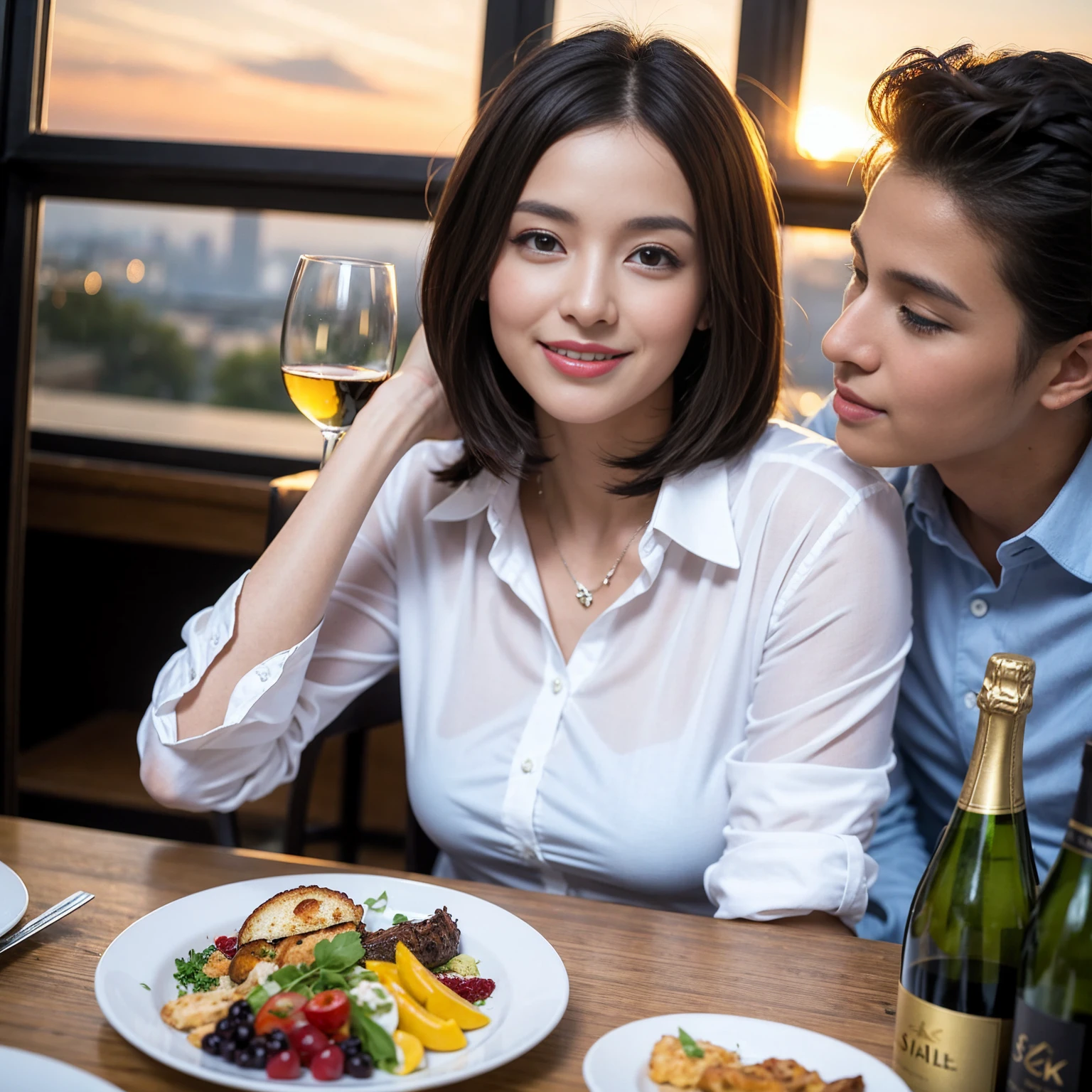 ((Highest quality、8K、masterpiece:1.3))、1 male、1 female、spouse、Beautiful couple、Japanese couple、smile、 (Slim face), (the body is スリム), (Brown Hair), (Shortcuts), ((Bob Hale、Straight hair:1.2)), テーブルの上のwine glass、Please shine a light on my face、 Amazing view of the sunset sky and clouds、Amazing mountain views、smileの美しさ、Bright image、Blushing, Shortcuts,Bright Face、 years old), 39 years old, red wine 、Appetizers、Italian food、Wine bottle、Champagne、sparkling wine、Long sleeve shirt、dress、Attractive beauty、restaurant, Nova Frog Style, actress, model, Upper Body, White wine, red wine, wine glass, 