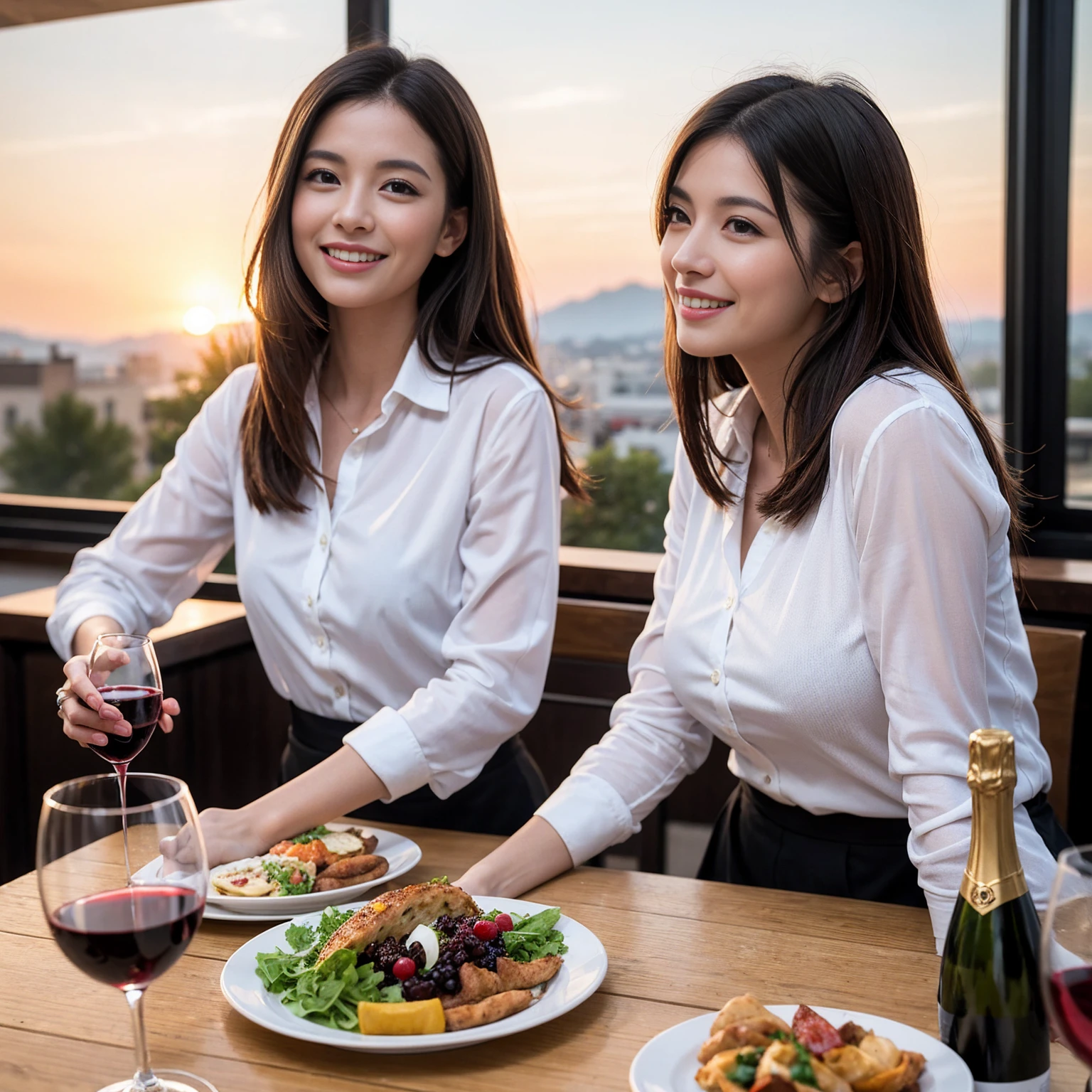 ((Highest quality、8K、masterpiece:1.3))、1 male、1 female、spouse、Beautiful couple、Japanese couple、smile、 (Slim face), (the body is スリム), (Brown Hair), (Shortcuts), ((Bob Hale、Straight hair:1.2)), テーブルの上のwine glass、Please shine a light on my face、 Amazing view of the sunset sky and clouds、Amazing mountain views、smileの美しさ、Bright image、Blushing, Shortcuts,Bright Face、 years old), 39 years old, red wine 、Appetizers、Italian food、Wine bottle、Champagne、sparkling wine、Long sleeve shirt、dress、Attractive beauty、restaurant, Nova Frog Style, actress, model, Upper Body, White wine, red wine, wine glass,