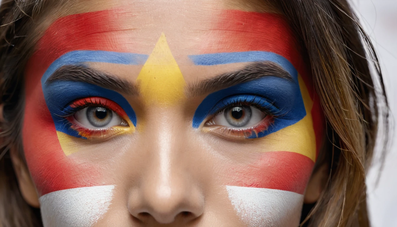 close up of the face of a woman watching the 2024 Olympic games, face painted in the colors of the German flag
