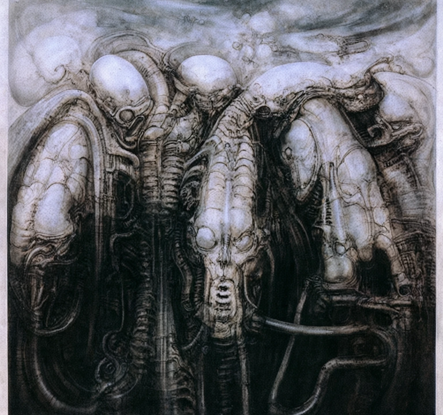 g1g3r, The image is a detailed view of H.R. Giger's biomechanical tableau \" Landscape XVI \" plate, featuring
surrealistic painting of a monster with multiple tentacles and a body that looks like a brain, surrounded by a chaotic scene of swirling clouds and other monsters.
 It's a complex network of bones and organs in eldritch color scheme:a greenish-brown hue ,swirling gery and brown colors. The artwork is silverish and green brown, with an ivory bones prominently displayed. The image is highly detailed and intricate, almost like a 3d version of a medical sketchwork.   
 
This tableau is an artwork featuring a close-up of a creature that resembles a caterpillar with a white head, surrounded by a complex network of lines and shapes.
Biomechanical landscape by Hans Rudie Giger composed of fossilized and mummified alien life forms. Image depicts a strange and eerie, combines biological and mechanical ,managed  to dreamlike quality. These shapes suggest fossilized mummified alien life forms. Central mummy structures and what appears to be a spines of ivory in the foreground are the most identifiable organic elements. The mechanical elements are evident in the wires and tubes emanating from the creatures. In the background shapes are visible that could be interpreted as other fossilized or mummified alien life.
Light source from the top highlights skeletals, upper part of foreground, lower part of image is in shadow.
The piece is a tableau, most likely created with a India ink pen or pencil on paper, determined by the thin lines, shading techniques, and the texture of the paper, which is visible around the edges.
Used is pen, given the shading and variations in line weight visible in the image. Artist have used a variety of stylus with different degrees of hardness to achieve the shading effects.
 The use of undersaturated green-grays dark contrasts creates a stark and graphic look. Is used a variety of linework techniques to create different textures.  