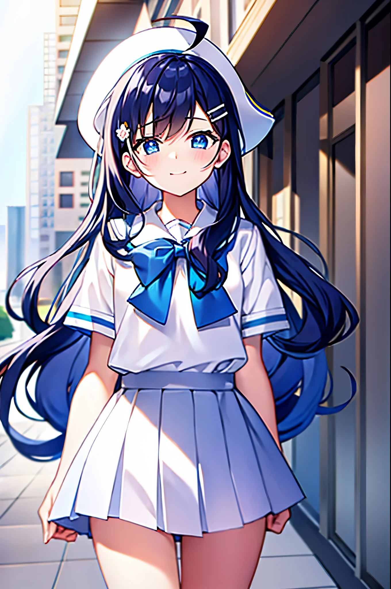 (((masterpiece))), (high quality:1.5), (beautiful:1.5), (((8K))), (High resolution:1.5), (High resolution:1.5), (1 Girl:1.3), (:1.5), (5 years old:1.5), (Primary school students:1.4), (Dark blue straight long hair:1.3), (非常に長いDark blueもみあげ), (very long and thick sideburns,, Dark blue:1.4), (Very wide parted dark blue bangs:1.3), (Simple hair clip:1.4), (Ahoge:1.4), (Little blue eyes:1.2), (Slightly droopy eyes:1.3), (Super thick and super long sideburns:1.1), (very long and thick sideburns,,:1.1), (Ultra-thin chest:1.4), (Very small breasts:1.4), (Laughter:1.5), (white short sleeve sailor uniform:1.4), (white short sleeve sailor uniform:1.3), (White pleated skirt:1.3), (White school cap with blue ribbon:1.4), (In the city:1.4), (Walking on the sidewalk:1.3), (Cowboy Shot:1.5)