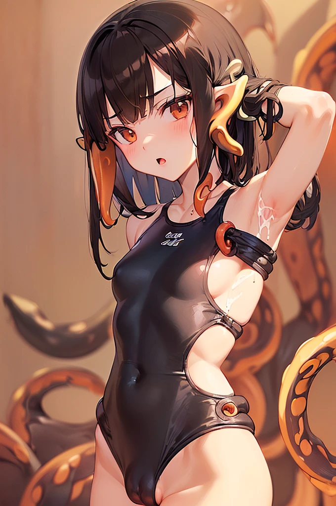 masterpiece, best quality,anime style, 1 girl,(((slender body))), (((small breast))), (((competition swimsuit))),(((((brown penis tentacles bound the girl))))),((((restrained, arms behind back)))),((((cum)))), (beautiful face), (((medium hair))), (((straight hair))), ((((black hair)))),detailed beautiful skin, (perfect hands, perfect anatomy),scream