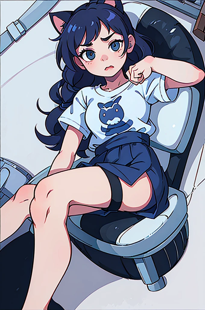1 female, small ??? cat girl, realistic lips oversized white t-shirt going all the way to the thighs, arms crossed propping up breast, hourglass figure, white eyes, french braid, blue hair, annoyed, cat ears, in an apartment, best quality