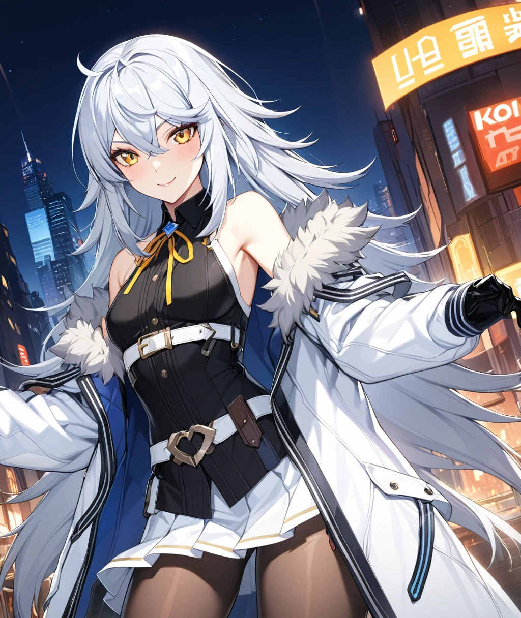 1girl, bangs,long_hair,独奏, yellow eyes, black legwear, jacket, pantyhose, silver hair, skirt, bare shoulders, eyebrows visible through hair, ahoge, gloves, white hair, small breasts,long sleeves,hair between eyes, standing, white skirt, shirt,sleeveless, sleeveless shirt,full_body, pleated skirt, sidelocks,belt ,very long hair, shoes,Miniskirt ,black gloves,white footwear, open clothes, Fur trim, black shirt, white coat,white_jacket,city lights,open jacket, off shoulder, open coat, fur-trimmed coat, gown, messy hair, , masterpiece, Highest quality, so beautiful, Absurd, ultra detailed, cg unity 8K wallpaper, masterwork, super fine illustration, ultra detailed beautiful face, perfect eyes,　Movie angle, (((cowboy shot))), perfect hands, perfect fingers, ribbon, seductive smile, 