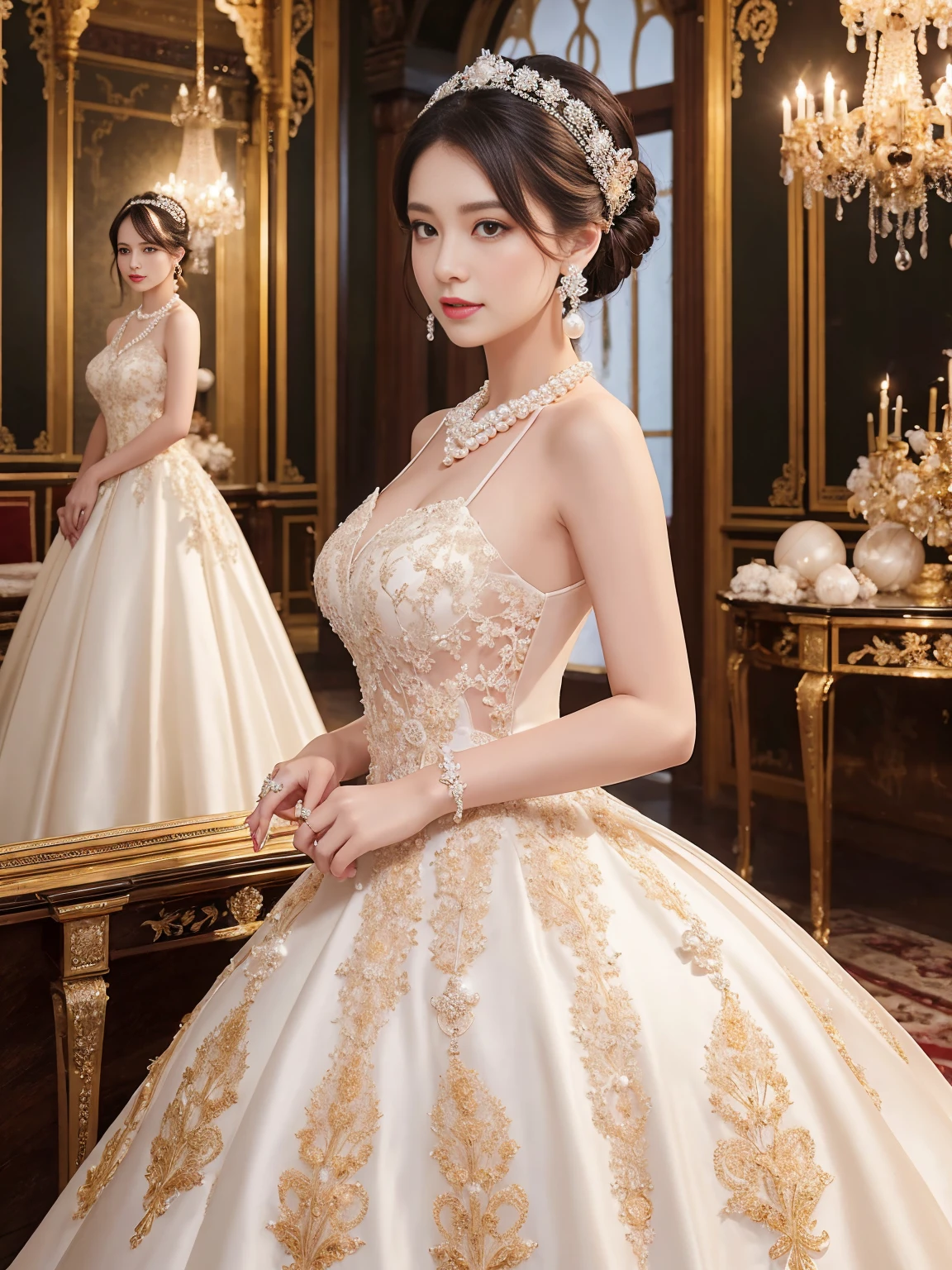 A ball held in a palace, a luxurious and formal atmosphere, a white dress, a silk dress, an empire dress, lace and jewelry decorations, embroidery decorations, a pearl necklace, pearl earrings, shiny hair pins, a ball gown for a feminine woman.