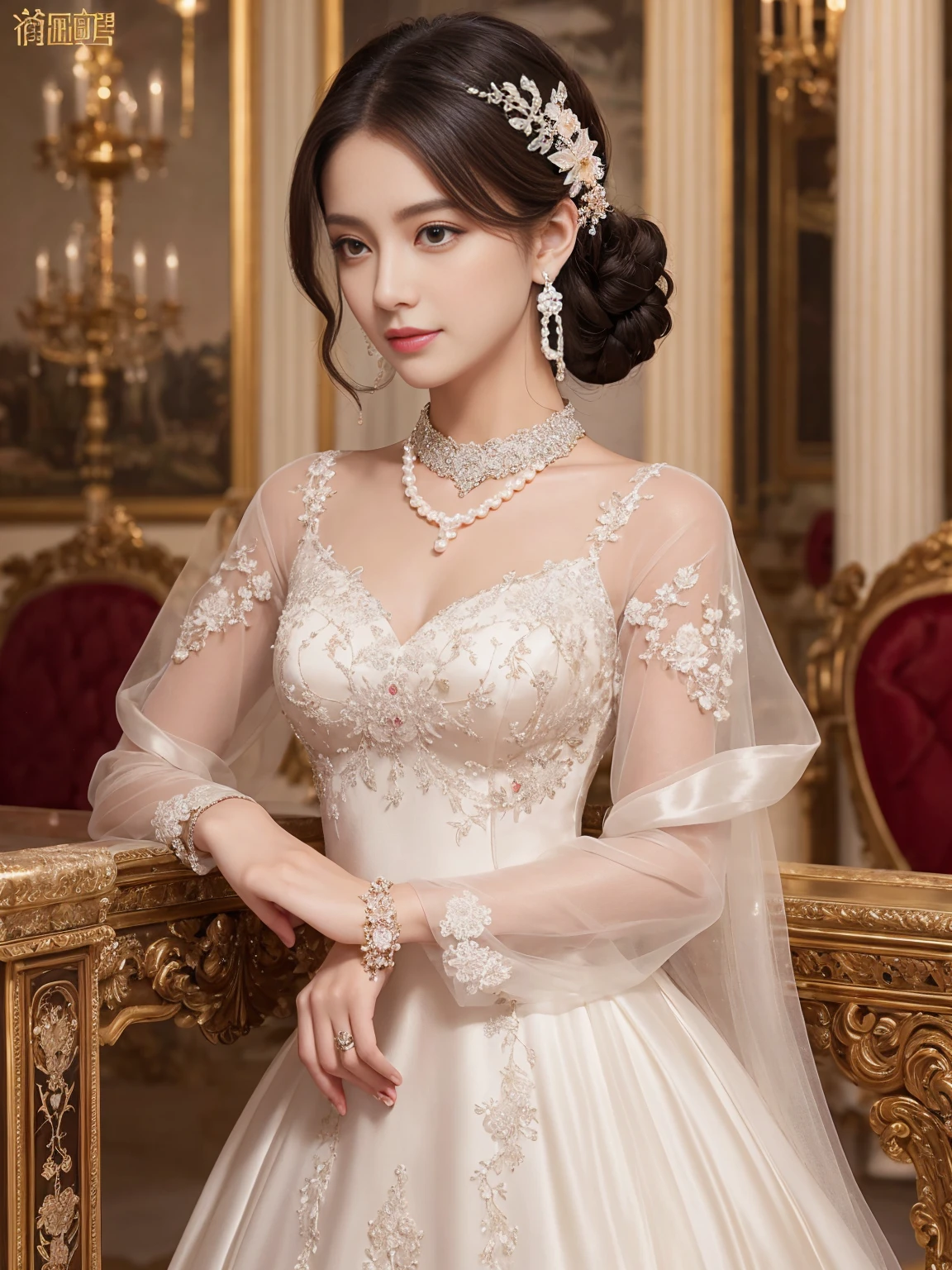 A ball held in a palace, a luxurious and formal atmosphere, a white dress, a silk dress, an empire dress, lace and jewelry decorations, embroidery decorations, a pearl necklace, pearl earrings, shiny hair pins, a ball gown for a feminine woman.