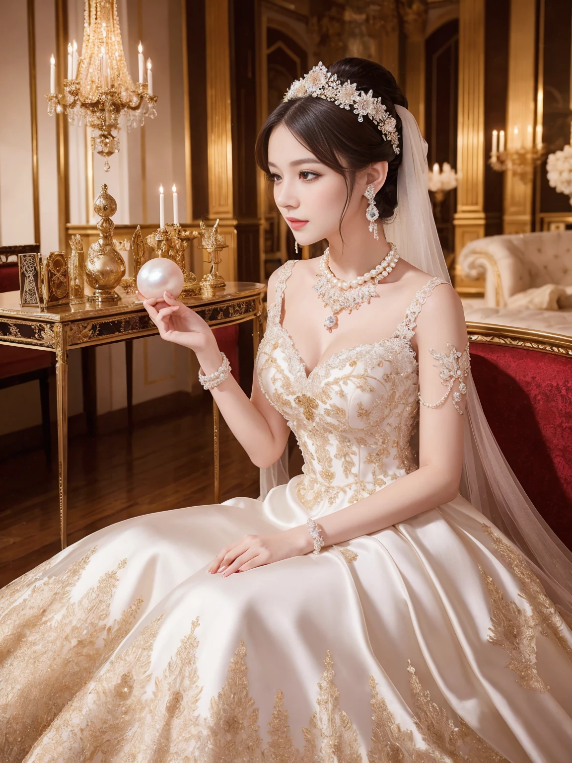 A ball held in a palace, a luxurious and formal atmosphere, a white dress, a silk dress, an empire dress, lace and jewelry decorations, embroidery decorations, a pearl necklace, pearl earrings, shiny hair pins, a ball gown for a feminine woman.