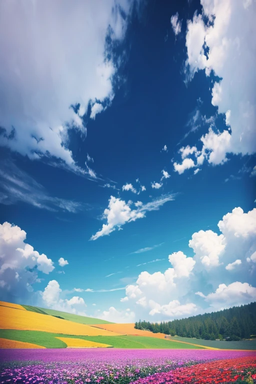 Draw a flower field with clouds looking up from the bottom.