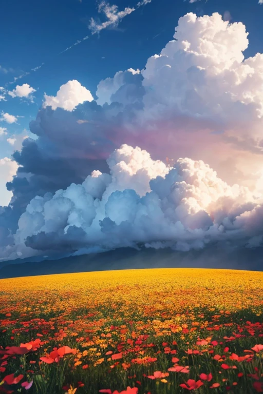 Draw a flower field with clouds looking up from the bottom.