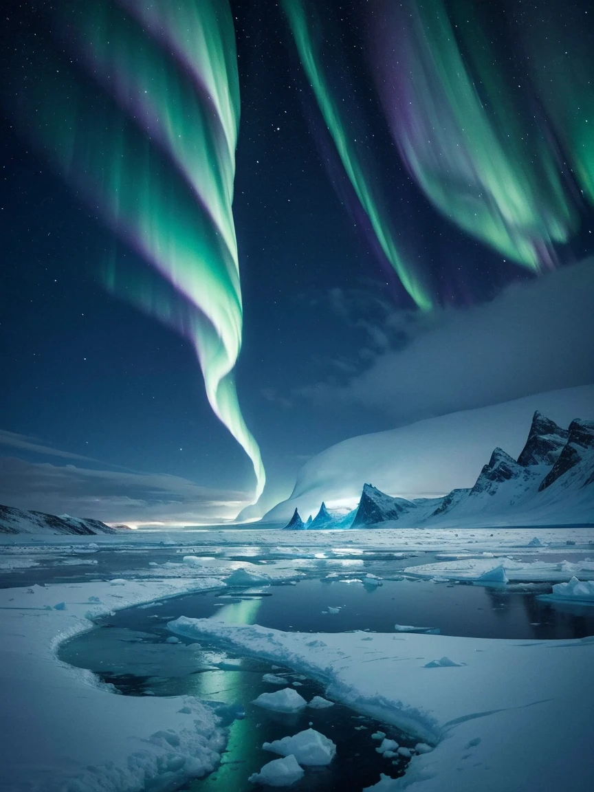 A snowy village is gently casting warm lights on an exquisite arctic landscape painted in various shades of ethereal blue, showcasing the untouched beauty of icy glaciers, and an expansive frozen forest stretching as far as the eye can see. A landscape with feminine curves. Mounds reminiscent of the
the shape of generous breasts. The serene atmosphere is intensified by the soft glow of the moon reflecting off the crystalline ice, creating a captivating tableau of pure tranquility and awe-inspiring natural wonders. Northern lights. National geographic style. Masterpiece. UHD.
