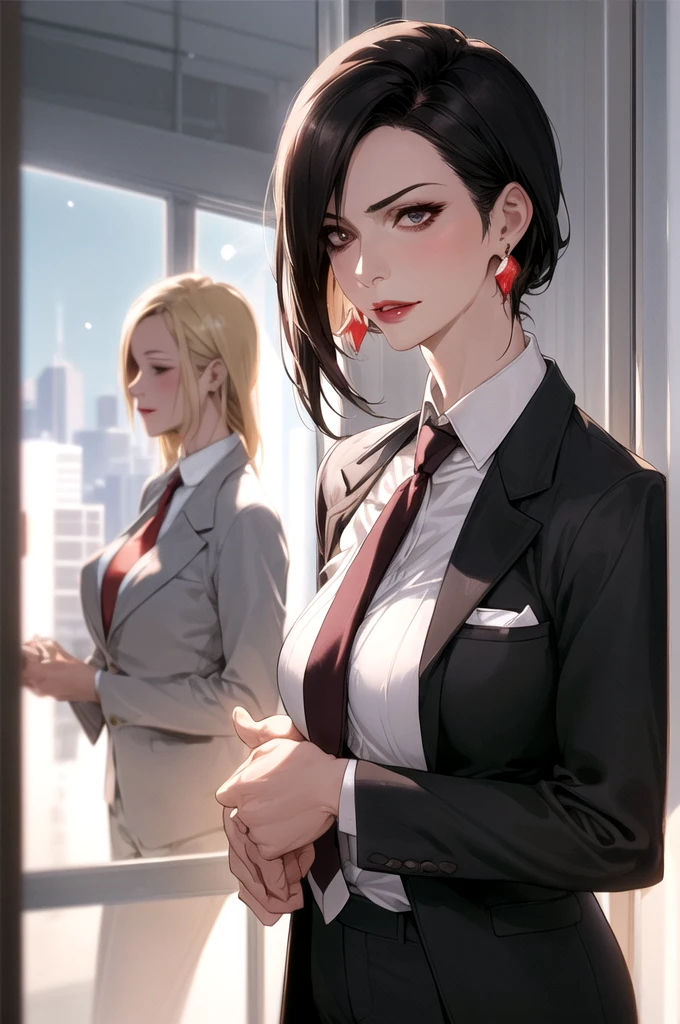 Mature women, face focus, adult, business suit, jacket, white shirt, necktie, pants, best quality, hires, detailed face, office, buildings from window, detailed background, diffused sunlight, depth of field, bokeh,big breasts, chandelier earrings , lipstick,sharp jawline