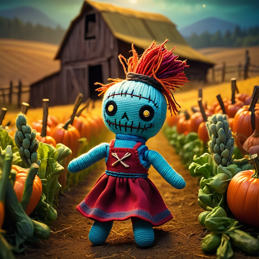 (knitted toy voodoo doll:1.5), (Voodoo Farmhand:1.3), (Clothing: rustic farm attire:1.0), (Accessories: enchanted pitchfork emitting sparks of growth magic, levitating spectral vegetables:1.1), (background: enchanted farm with floating barns, glowing fields, and spectral animals:1.2), best quality, masterpiece, detailed soft oil painting, detailed background, dramatic cinematic lighting, soft edge lighting, professional, dramatic lighting, hard edge lighting, ultra quality, 4k, masterpiece, best quality, 8k, ultra high definition, high resolution, extremely detailed