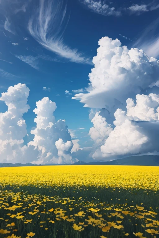 Draw a flower field with clouds looking up from the bottom.