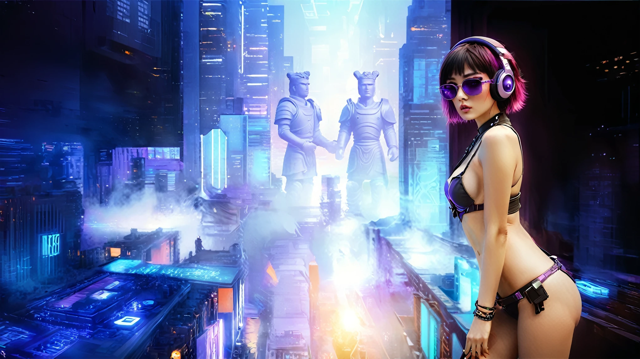 masterpiece, best quality, high resolution, 8k, (Portrait Photos:1.5), (R Original Photo), real picture, Digital Photography, (A fusion of cyberpunk and fantasy), 20 year old girl, solo, (((black sunglasses, headphone))), Feel free to hairstyle, Purple Eyes, By Bangs, (large breasts, cleavage, Accessories, Elegant and charming, Combination of cyberpunk and fantasy style clothing, Hollow carving design, Photo poses, Realistic style, (((((((pistol shooting pose))))))), oc render reflection texture, sentry, (((((aerial view of Cyberpunk style future city, 1 giant (((Chinese Terracotta Warrior))) sculpture))))), night, Bustling streets, (((((half-body (thigh level) medium shot))))).