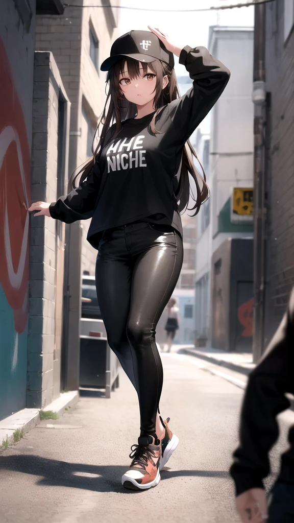 1girl, girl dancing in hiphop style, long brown hair, brown eyes, wearing black shirt, black pants, in an alleyway with graffiti on walls, absurdres, high res, ultrasharp, 8K, masterpiece, looking at viewer, blurry background, vibrant colours