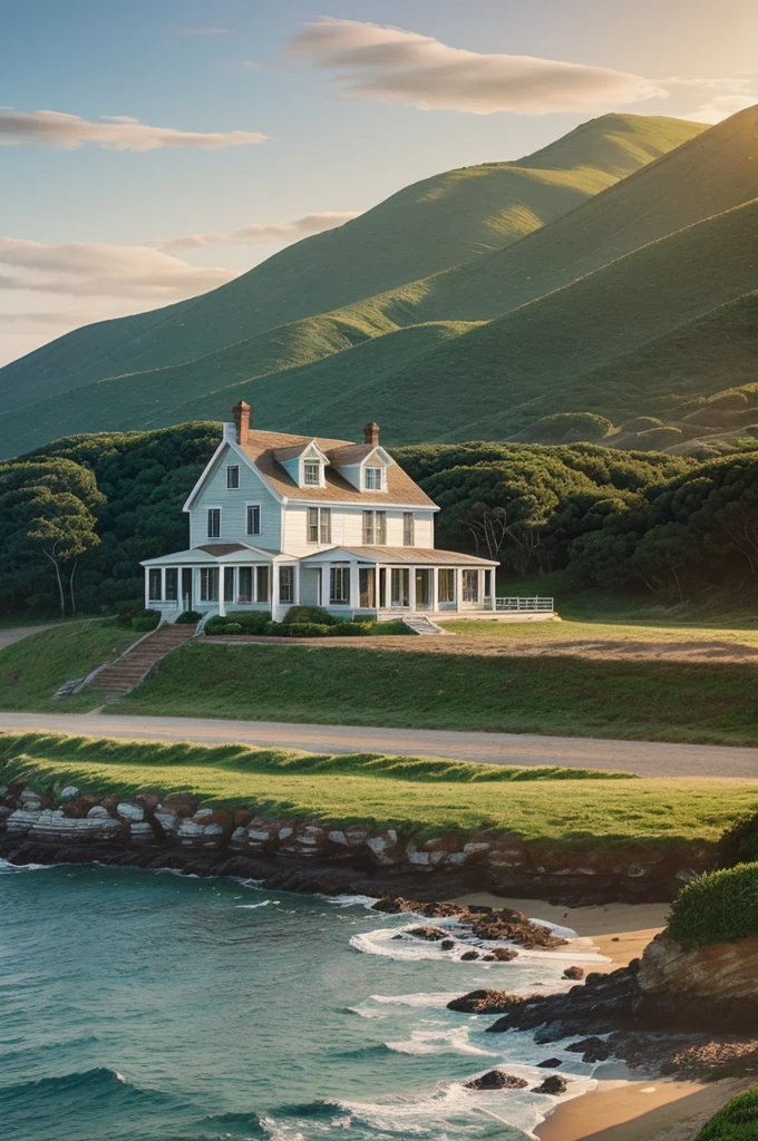 Create a digital painting of a vintage coastal farmhouse. The scene should depict an antique farmhouse with surrounding greenery, a hill in the background, and a view of the coast or ocean. The style should be reminiscent of traditional oil paintings, with a soft, muted color palette and a rustic, nostalgic atmosphere