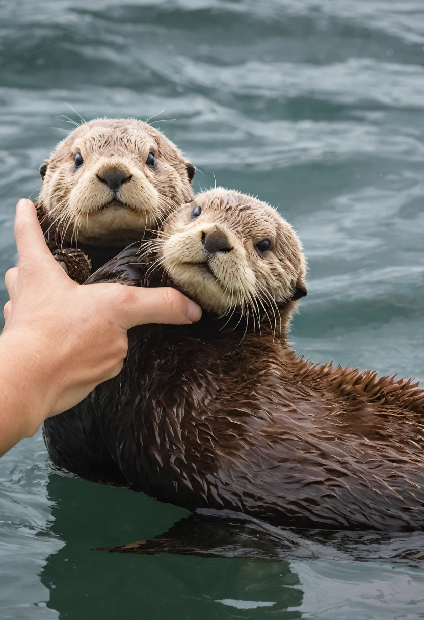 2 sea otters, floating on ocean, handle other sea otter's hand, lighting
