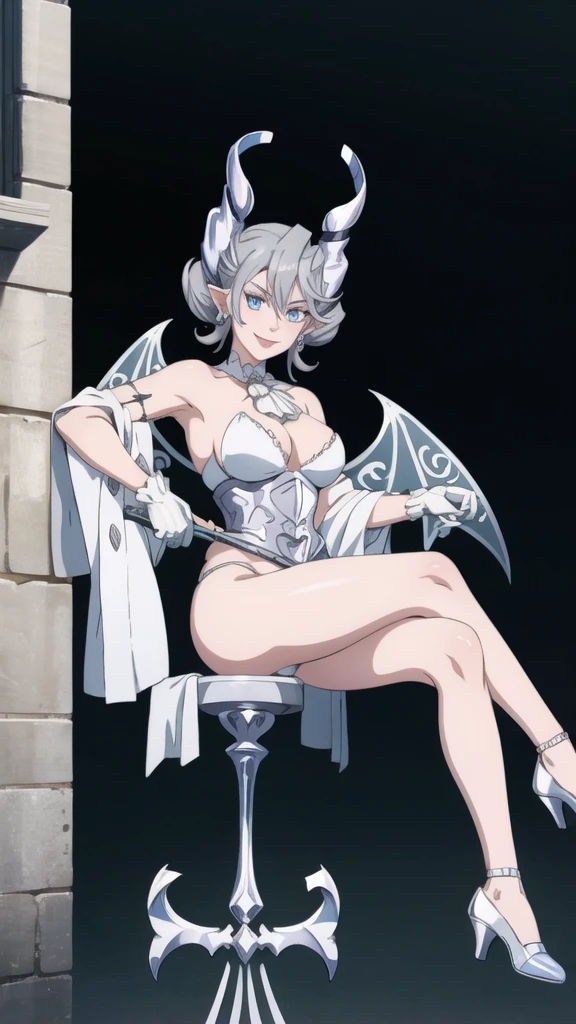  Outside castle top  High level image quality　best image quality　8K　 adult woman   silver castle outside  more colors   whole body view　portrait　 bikini   　horn    ears  　short hair（（shortcut）（gray hair）（perm）（fluffy））　eye color is blue ,  , 　attractive evil face , smile   ,  sexy pose   ,  labrynth ,  barearm   gloves  , wearing pink , wings    , sitting on face statue  ,holding her weapon  , crossed legs, view heels   , view foot arc