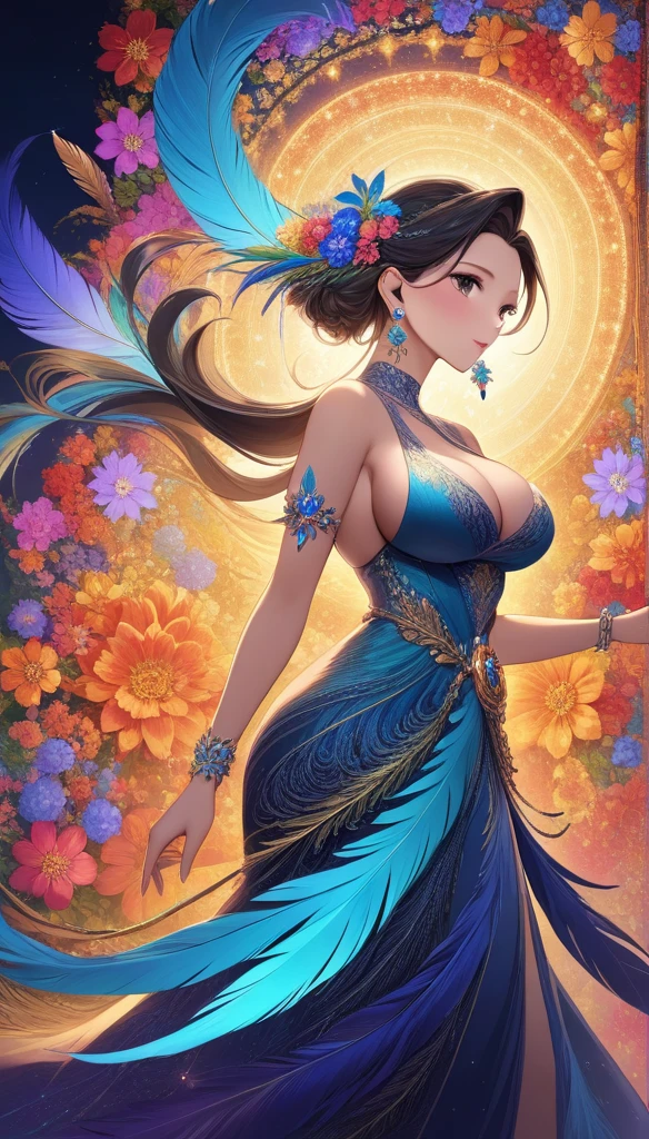 (masterpiece, quality, best quality, official art, Beautiful and beautiful:1.2), (1 girl:1.3), Very detailed,(fractal art:1.1),(colorful:1.1)(flowers:1.3),most detailed,(tangled:1.2), whole body, (abstract background:1.3), (skin shiny), (Many colors:1.4), ,(earrings feather:1.5),, long earrings