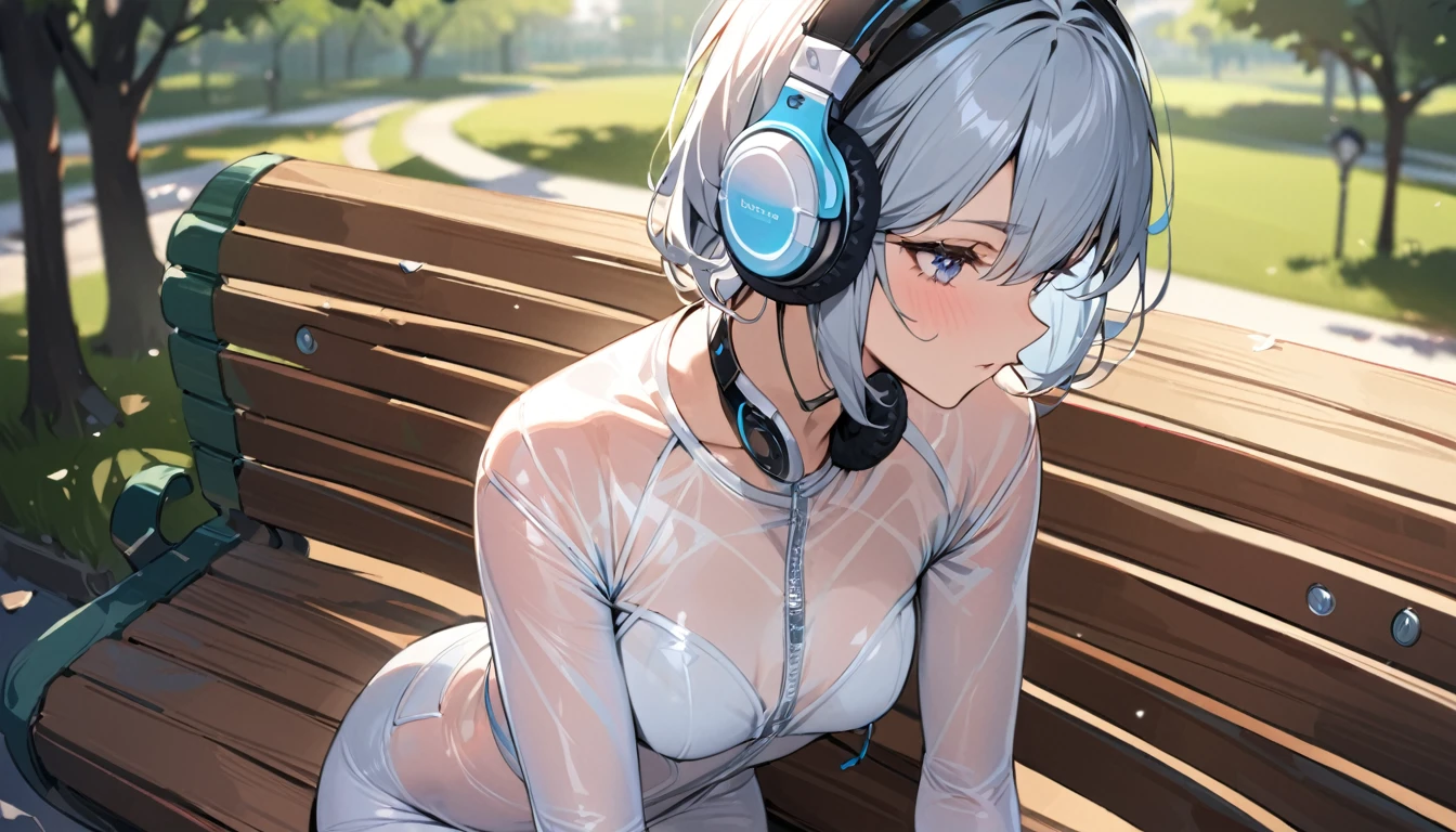 ((Top Quality)), ((Masterpiece)), ((Detail)), perfect face, perfect body, wearing headphones, wearing tight clothes, wearing transparent clothes, wearing short clothes, listening to music, sitting on a bench, park background , face visible