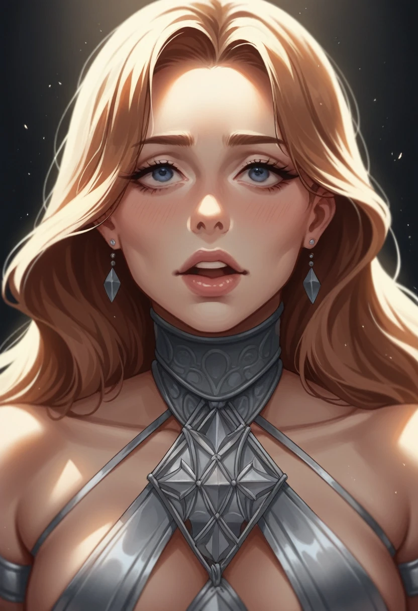 masterpiece, revealing clothes, (illustration), ((2 people)), skin, (long hair), desire, passion, The mascara was running, Beautiful, BDSM, Sex toys, close-up, (Large background), Small facial details, gasped, Cinematic lighting, (depth of field), uhd, (upper body), Black background