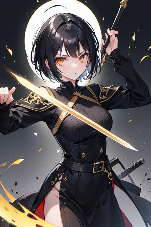 A girl with short black hair, golden eyes wearing a black dress, She carries a sword with a black handle
