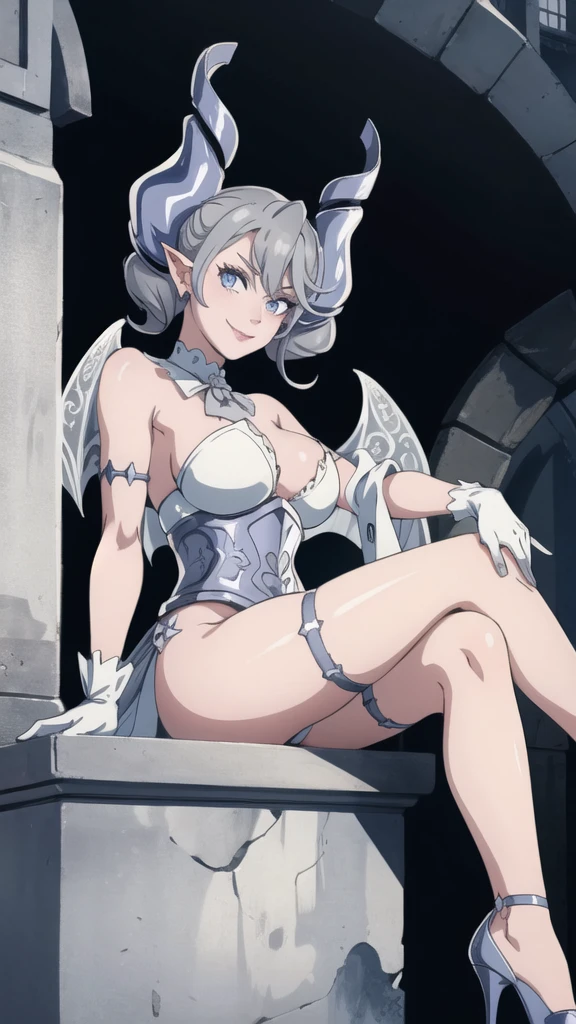 Outside castle top High level image quality best image quality 8K adult woman silver castle outside more colors whole body view portrait bikini horn ears short hair((shortcut)(gray hair)(perm)(fluffy)) eye color is blue , , attractive evil face , smile , sexy pose , labrynth , barearm gloves , wearing pink , wings , sitting on face statue ,holding her weapon , crossed legs, view heels , view foot arc