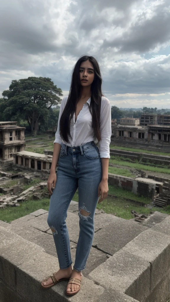 Indian Woman, look at viewer, long hair, shirt, jeans, cloud, day, sky,outdoors, post-apocalypse, ruins, scenery, tree, water,