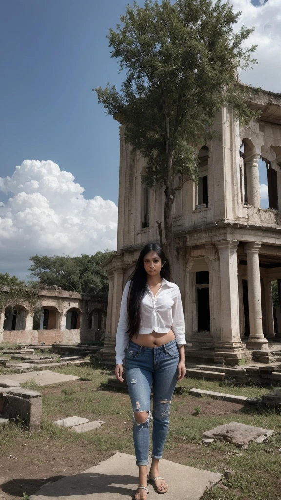 Indian Woman, look at viewer, long hair, shirt, jeans, cloud, day, sky,outdoors, post-apocalypse, ruins, scenery, tree, water,