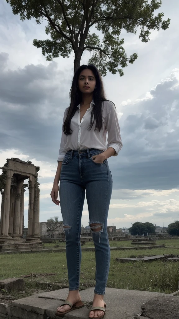 Indian Woman, look at viewer, long hair, shirt, jeans, cloud, day, sky,outdoors, post-apocalypse, ruins, scenery, tree, water,