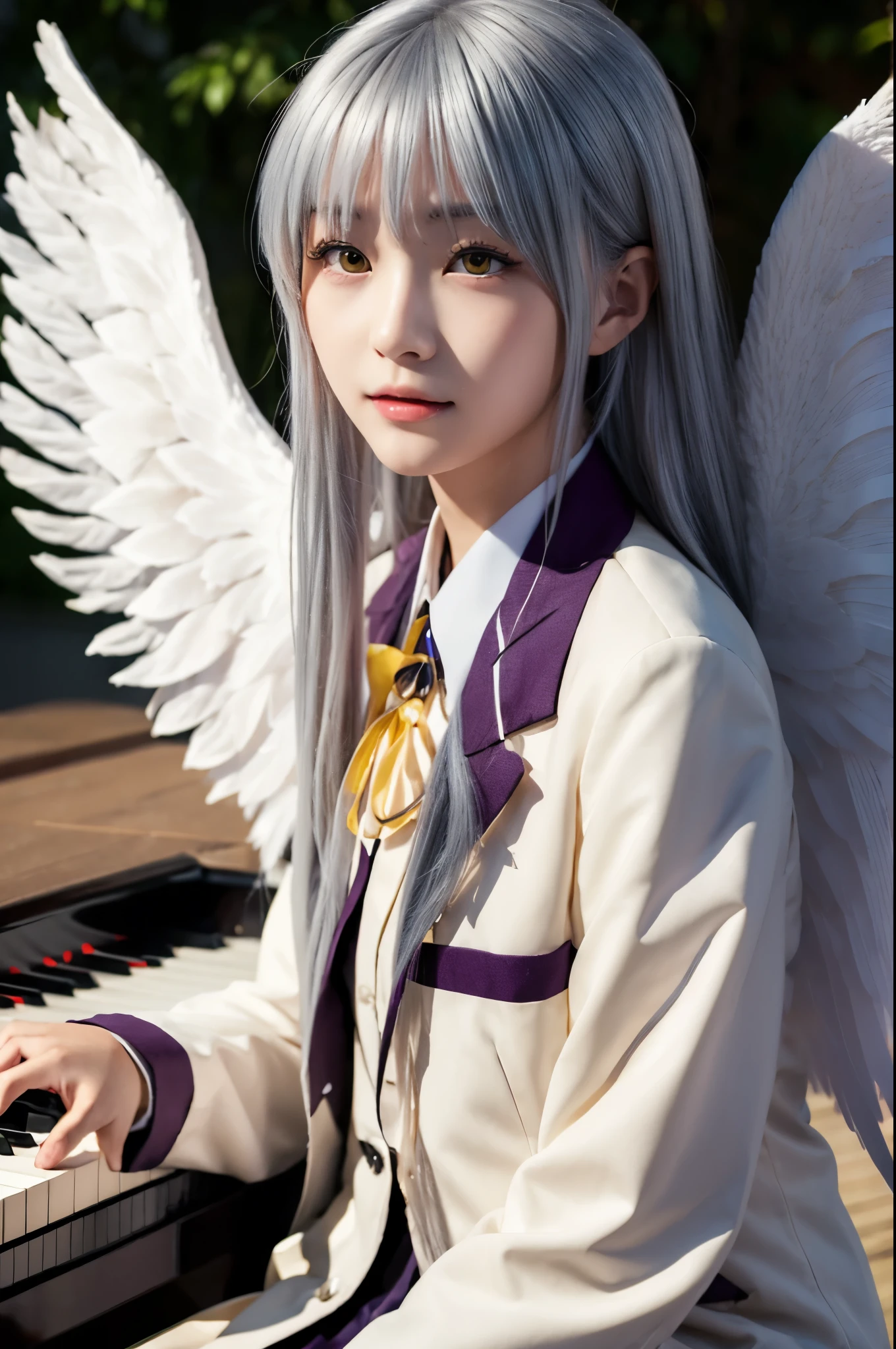 (Highest quality、4K、8K, masterpiece:1.3), Ultra detailed face, Detailed lips, Detailed eyes, double eyelid, 
BREAK, 
(extreme  close up:1.75), (from front:1.25),
BREAK,
1girl, 18 years old, short height, tachibana kanade, silver hair, short height, 
BREAK
(yellow eyes), white hair, long hair, bangs, hair pulled back,
BREAK,
looking at viewer, ((playing piano)),
photo background, photo inset, dusk, outdoors, spring, wind, falling petals, sunlight, skyline, 
BREAK
schooluniform, jacket, blazer, long sleeves, neck ribbon, gem, necklace, pleated skirt, kneehighs, loafers,
(((Angel wings spread wide on the back))),
