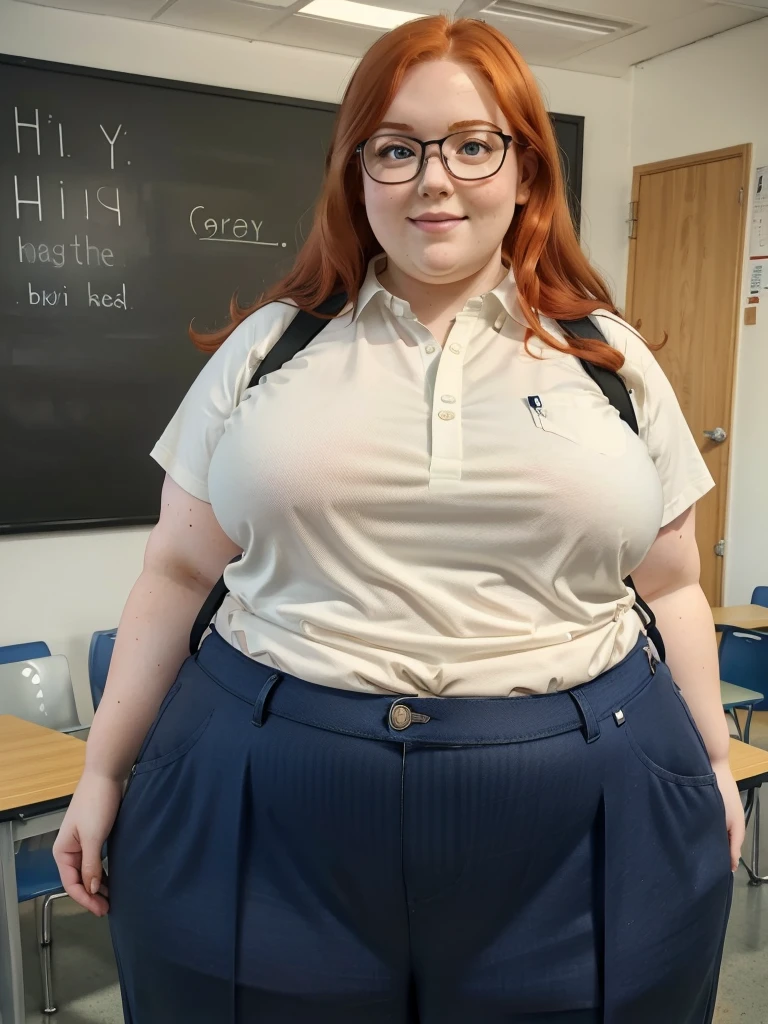 Happy photo of a young cute nerdy redhead bbw student with glasses with long wavy ginger hair soft fat belly, wide fat obese hips, thick fat legs and fat arms, cute pretty face, small breasts, blue eyes, freckles, in long shirt tucked in her simple trousers, and trousers, wearing a backpack in a modern school