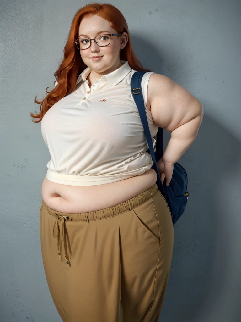 Happy photo of a young cute nerdy redhead bbw student with glasses with long wavy ginger hair soft fat belly, wide fat obese hips, thick fat legs and fat arms, cute pretty face, small breasts, blue eyes, freckles, in long shirt tucked in her simple trousers, and trousers, wearing a backpack in a modern school