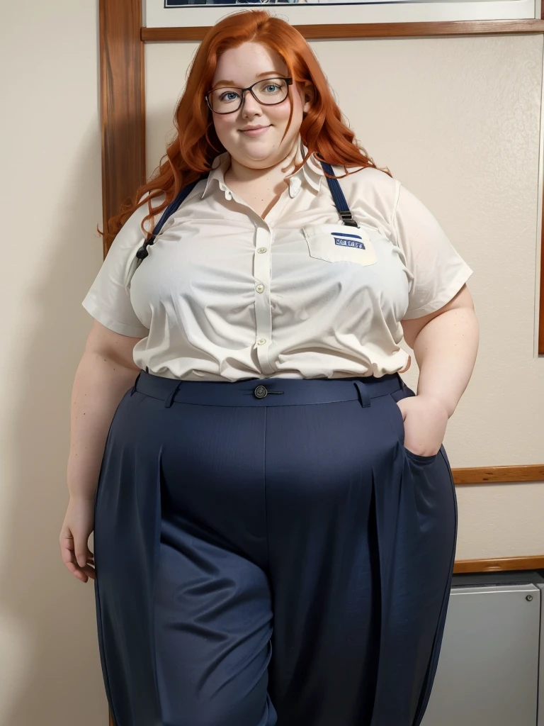 A peaceful photo of a young cute nerdy redhead bbw student with glasses with long wavy ginger hair soft fat belly, wide fat obese hips, thick fat legs and fat arms, cute pretty face, small breasts, blue eyes, freckles, in long plaid shirt tucked in her simple trousers, and trousers, wearing a backpack in front of a school