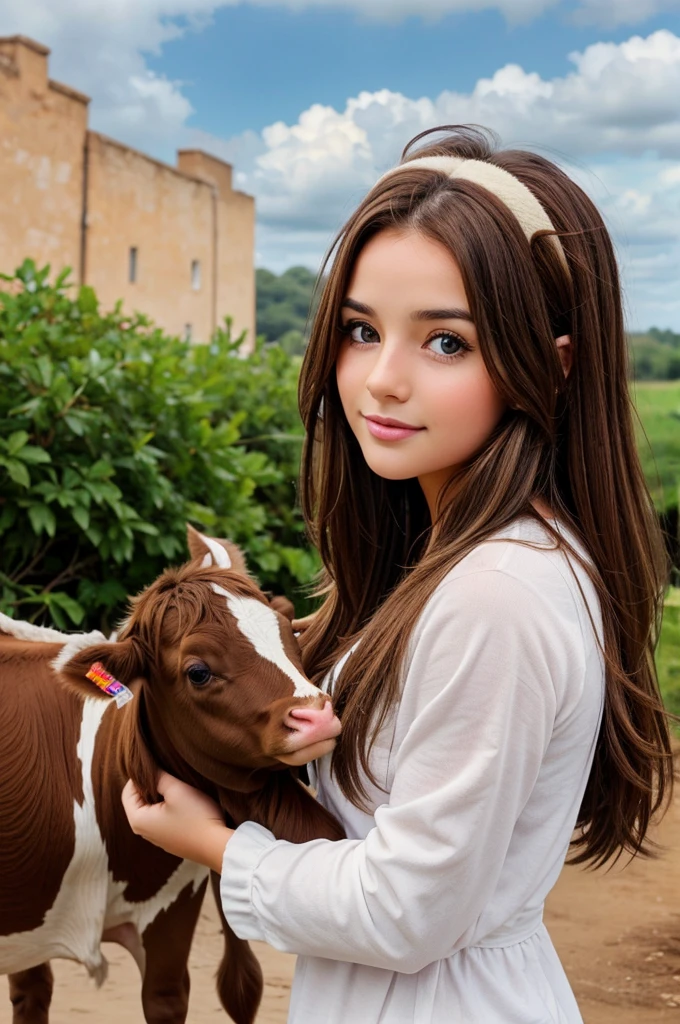 Cute calf with brown hair on head and seeing towards the sky with adorable eyes