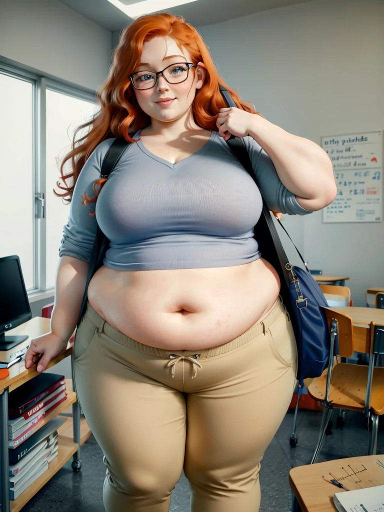 Happy photo of a young cute nerdy redhead bbw student with glasses with long wavy ginger hair soft fat belly, wide fat obese hips, thick fat legs and fat arms, cute pretty face, small breasts, blue eyes, freckles, in long shirt tucked in her simple trousers, and trousers, wearing a backpack in a modern school