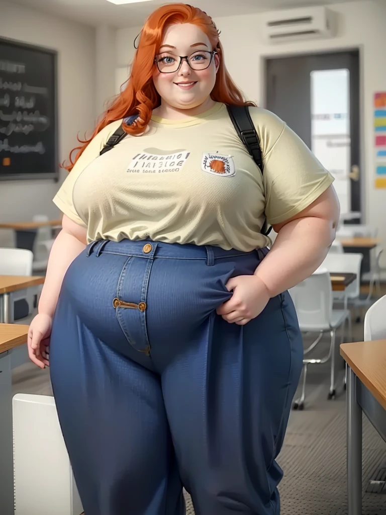 Happy photo of a young cute nerdy redhead bbw student with glasses with long wavy ginger hair soft fat belly, wide fat obese hips, thick fat legs and fat arms, cute pretty face, small breasts, blue eyes, freckles, in long shirt tucked in her simple trousers, and trousers, wearing a backpack in a modern school