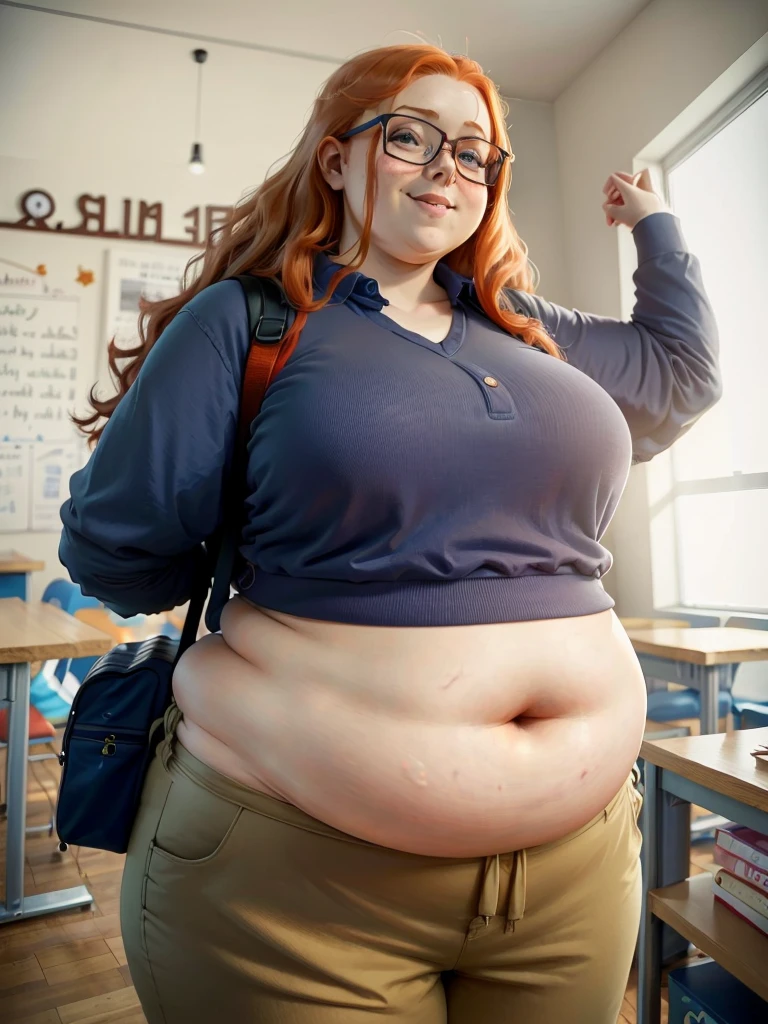 Happy photo of a young cute nerdy redhead bbw student with glasses with long wavy ginger hair soft fat belly, wide fat obese hips, thick fat legs and fat arms, cute pretty face, small breasts, blue eyes, freckles, in long shirt tucked in her simple trousers, and trousers, wearing a backpack in a modern school