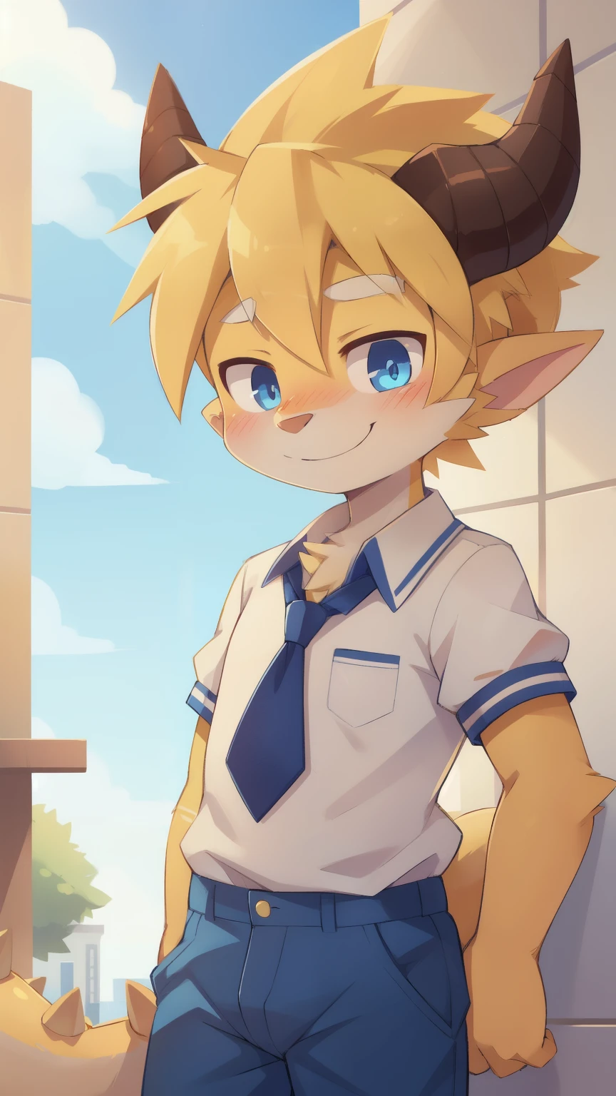 score_9,score_8_up,score_7_up, source_cartoon, source_furry, dragon boy, horns, glowing blue eyes, tail, glowing yellow hair, spiky high ponytail, furry, blush, dragon tail, looking at viewer, smile, 1boy, dragon horns, pointy ears, absurd spiky hairstyle, spiky side hair, furry boy, smile, two tone body fur, yellow body fur, white body fur, ((school uniform, school shirt, blue pants)), school, clear sky, standing, 