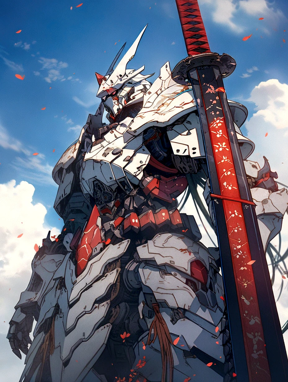 anime character with sword and sword in front of a cloudy sky, detailed digital anime art, detailed anime artwork, mecha asthetic, best anime 4k konachan wallpaper, detailed anime art, anime mecha aesthetic, 2. 5 d cgi anime fantasy artwork, advanced digital anime art, anime epic artwork, detailed digital concept art, 4k highly detailed digital art
