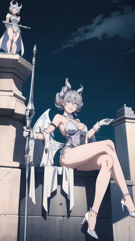 Outside castle top High level image quality best image quality 8K adult woman silver castle outside more colors whole body view portrait bikini horn ears short hair((shortcut)(gray hair)(perm)(fluffy)) eye color is blue , , attractive evil face , smile , sexy pose , labrynth , barearm gloves , wearing pink , wings , sitting on face statue ,holding her weapon , crossed legs, view heels , view foot arc