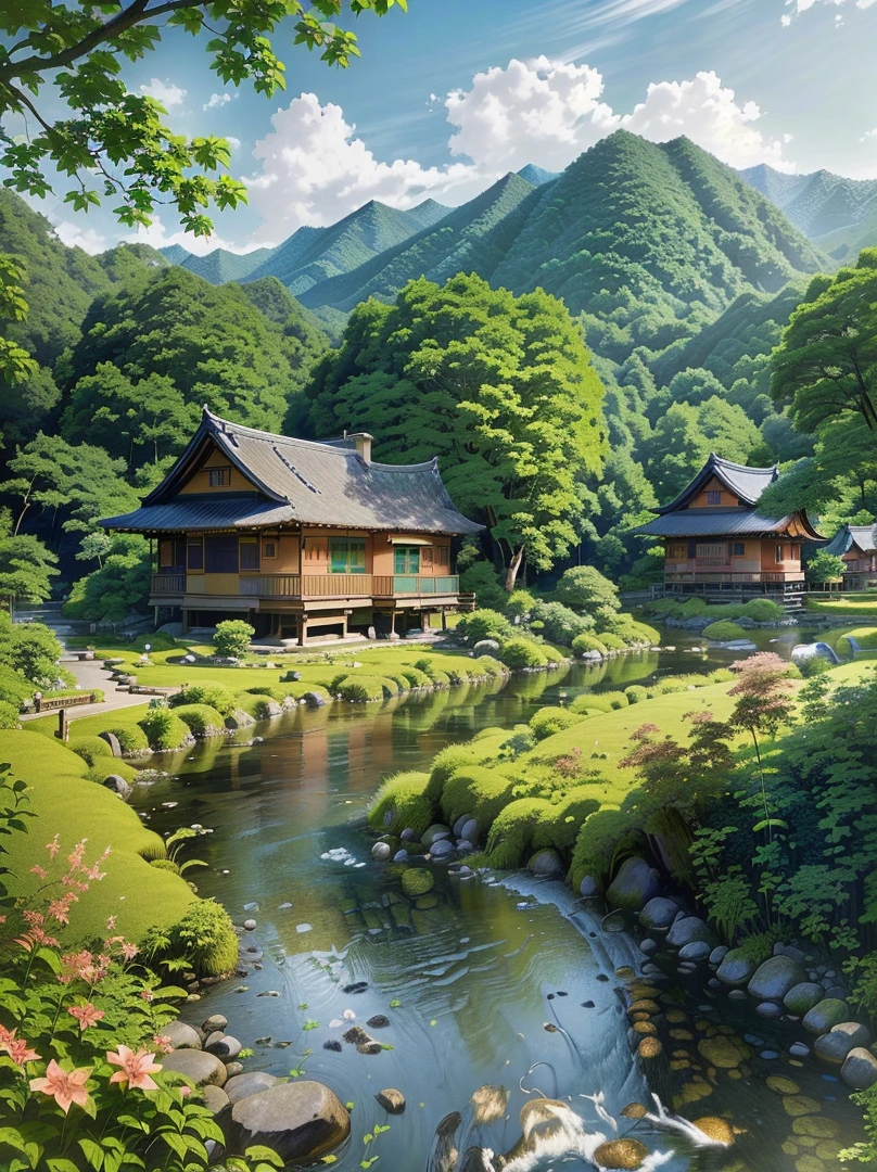 there is a small river running through a lush green forest, rural japan, countryside in japan, japanese village, japanese countryside, japan rural travel, korean countryside, japanese rural town, old asian village, lush japanese landscape, peaceful and serene, wooden cottage, idyllic cottage, wooden houses, peaceful and quiet, japan nature, peaceful landscape, chinese village, cottagecore