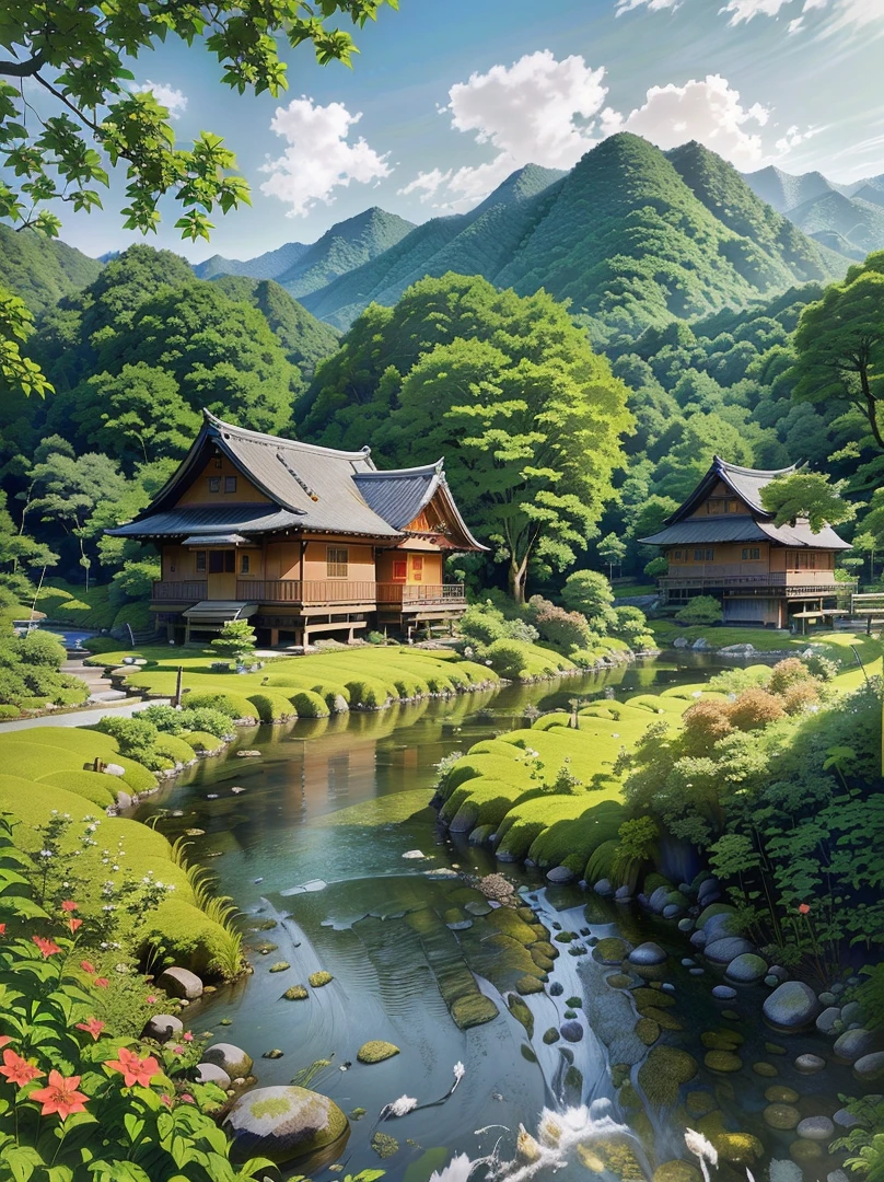 there is a small river running through a lush green forest, rural japan, countryside in japan, japanese village, japanese countryside, japan rural travel, korean countryside, japanese rural town, old asian village, lush japanese landscape, peaceful and serene, wooden cottage, idyllic cottage, wooden houses, peaceful and quiet, japan nature, peaceful landscape, chinese village, cottagecore