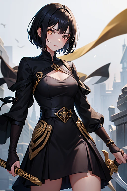 A girl with short black hair, golden eyes wearing a black dress, She carries a sword with a black handle